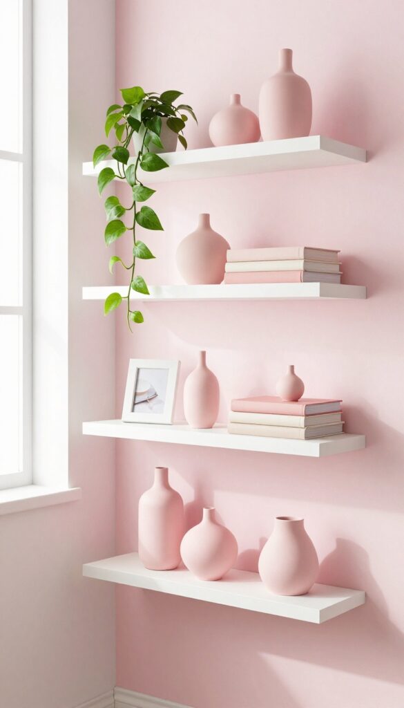 Floating shelves with pink vases, books, and a trailing pothos plant in a bright girl's bedroom