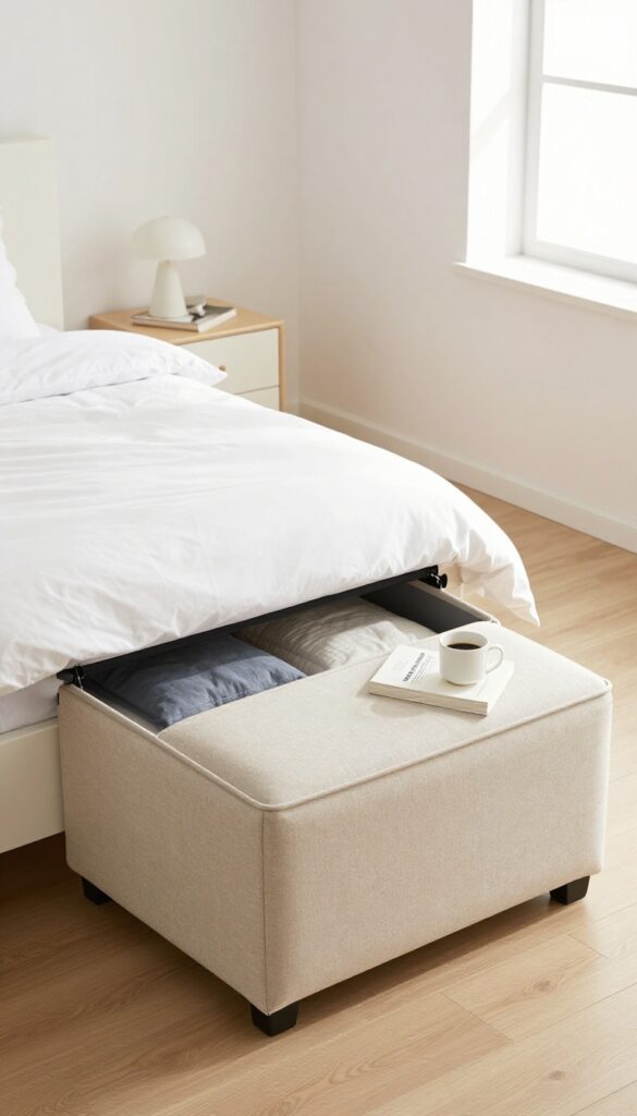 Small bedroom with a beige storage ottoman at the foot of the bed, lid open showing blankets inside, natural light, cozy and tidy.