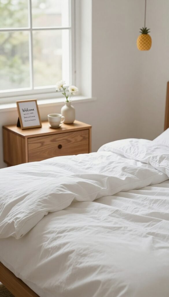 Cozy guest bedroom with a nightstand featuring a framed welcome note, coffee cup, and flower