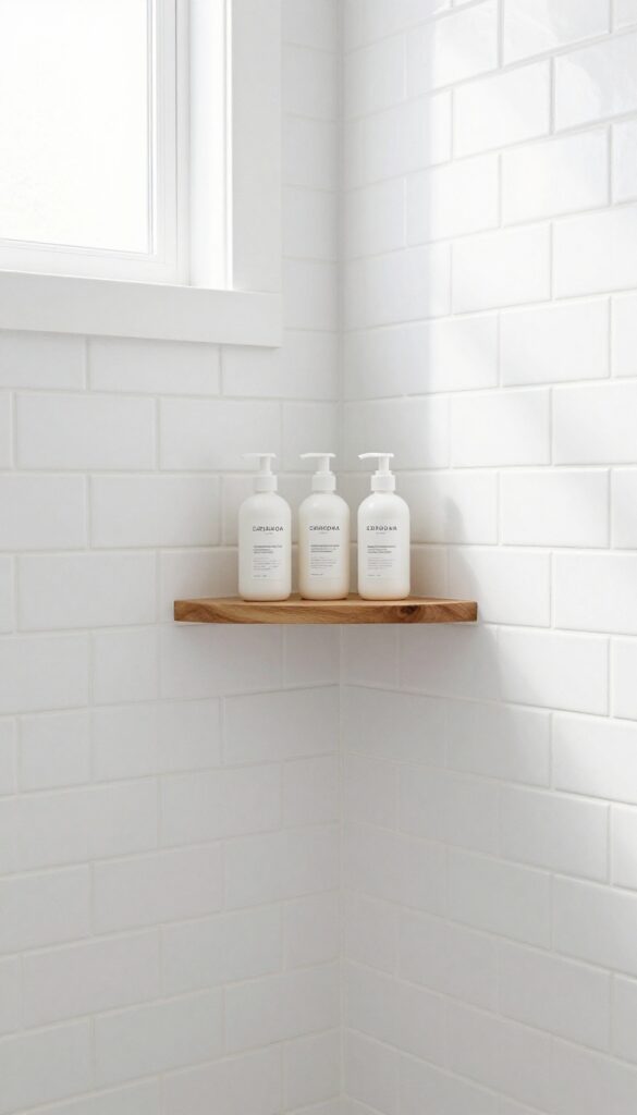 Corner shelf in shower with matching white bottles, teak wood, natural light, clean and organized bathroom.