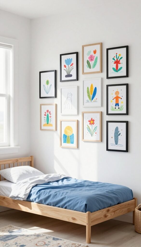 A gallery wall of children's artwork in a bright bedroom with natural light