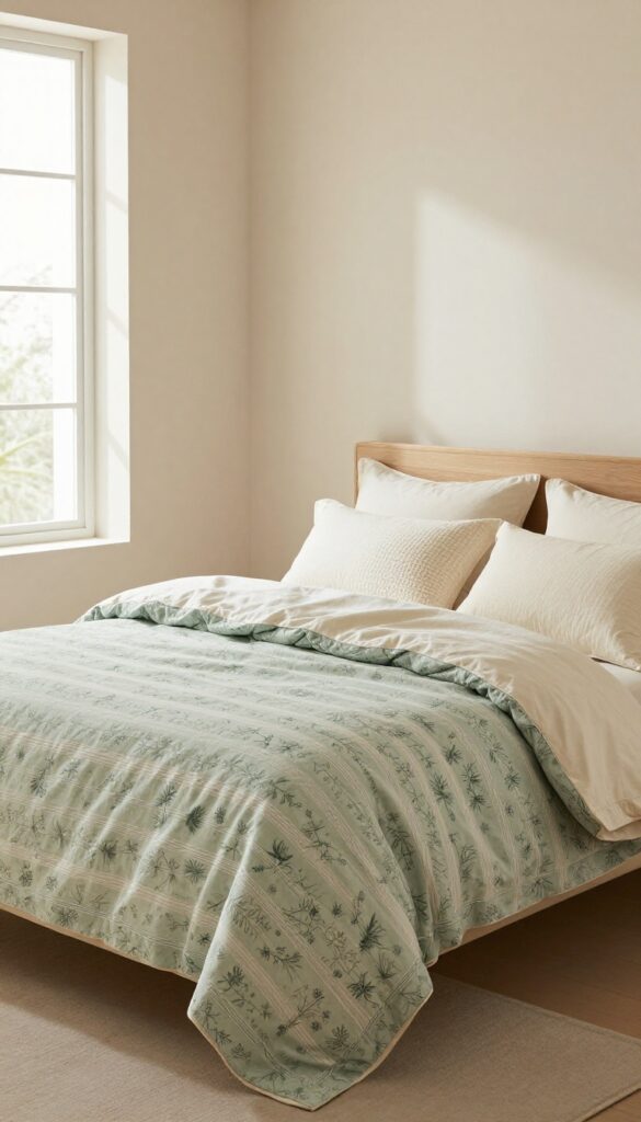 A serene bedroom with a sage green patterned duvet, cream pillows, and a chunky knit throw, bathed in natural light.
