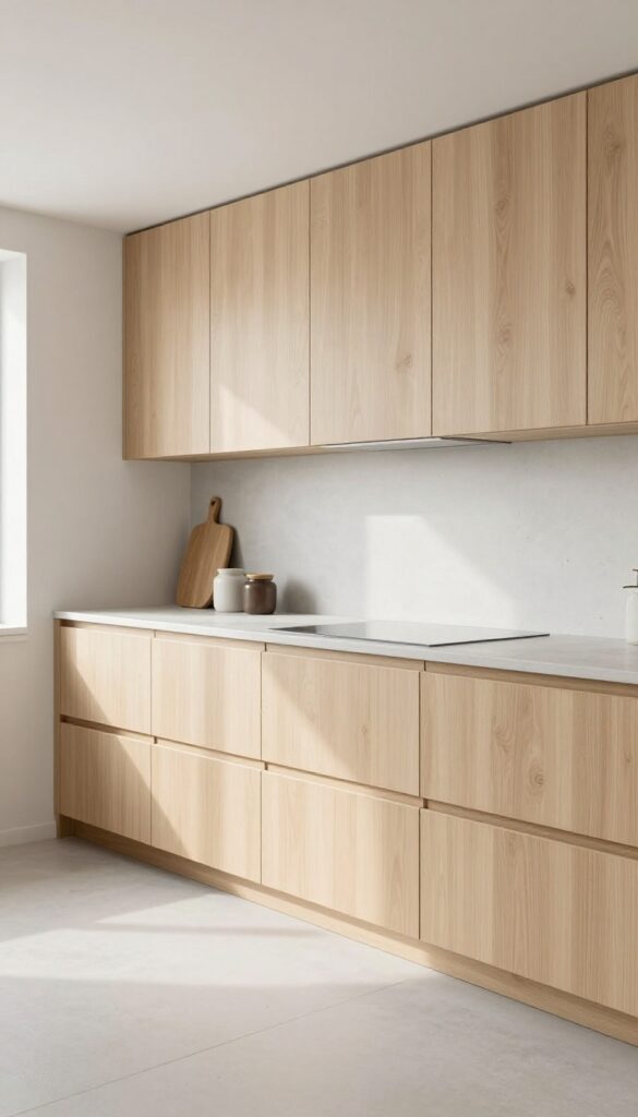 Sleek thin Dekton worktop in pale concrete in a bright minimalist kitchen with pale oak cabinets and brushed brass hardware.