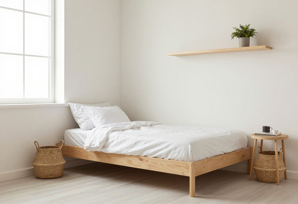 Small bedroom with organized zones, floating shelf, and under-bed storage basket in natural light