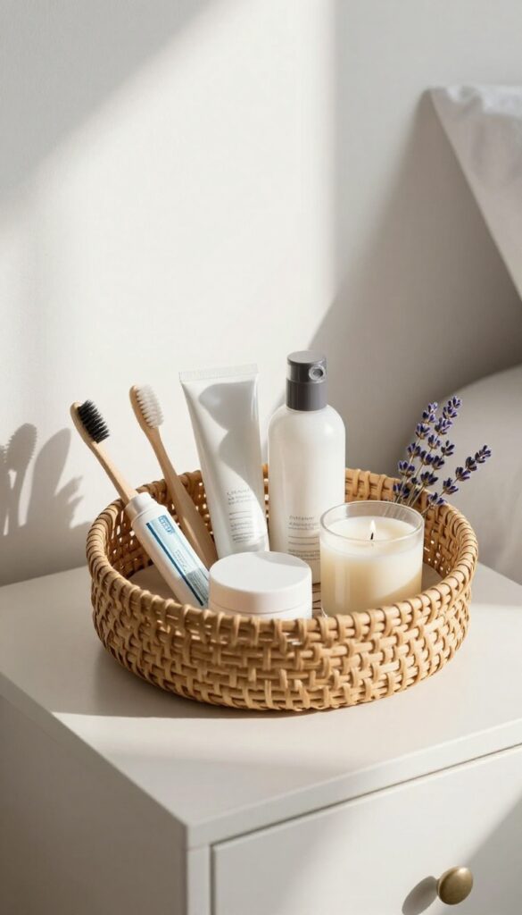 Small basket of toiletries on a guest room bedside table