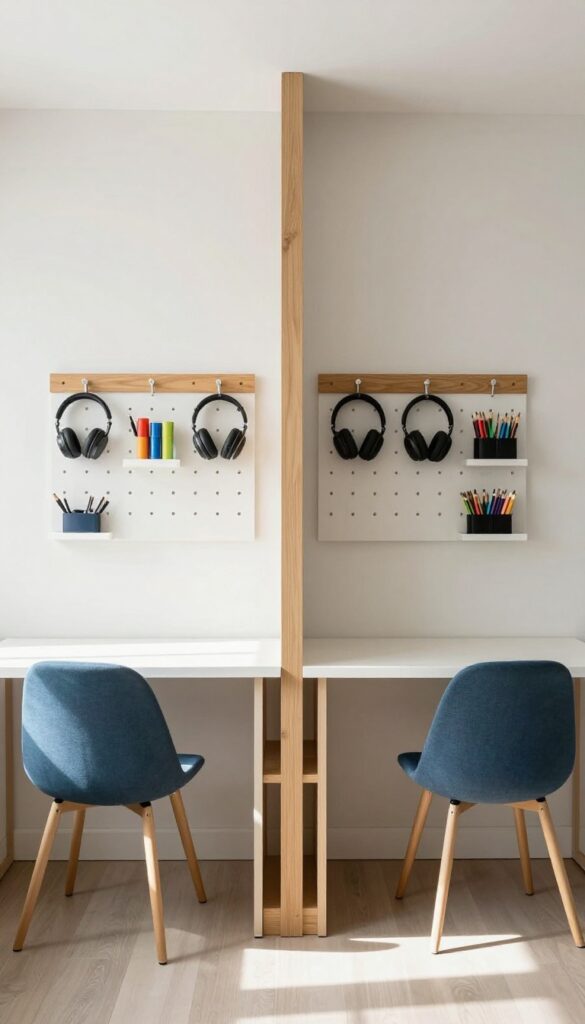 Shared desk with central divider and cubbies in a boys bedroom