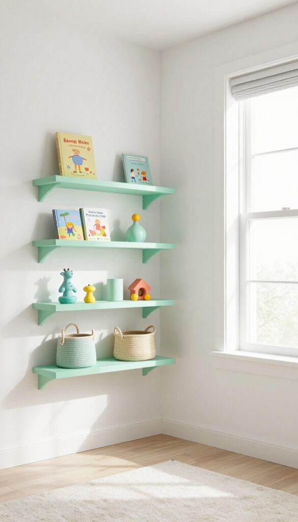 Floating shelves in a child's bedroom with books, toys, and baskets, keeping the floor clear and organized.