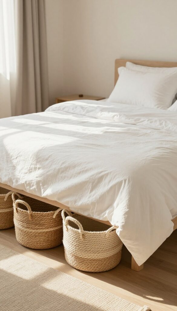 Under-bed storage baskets in natural fibers in a cozy small bedroom