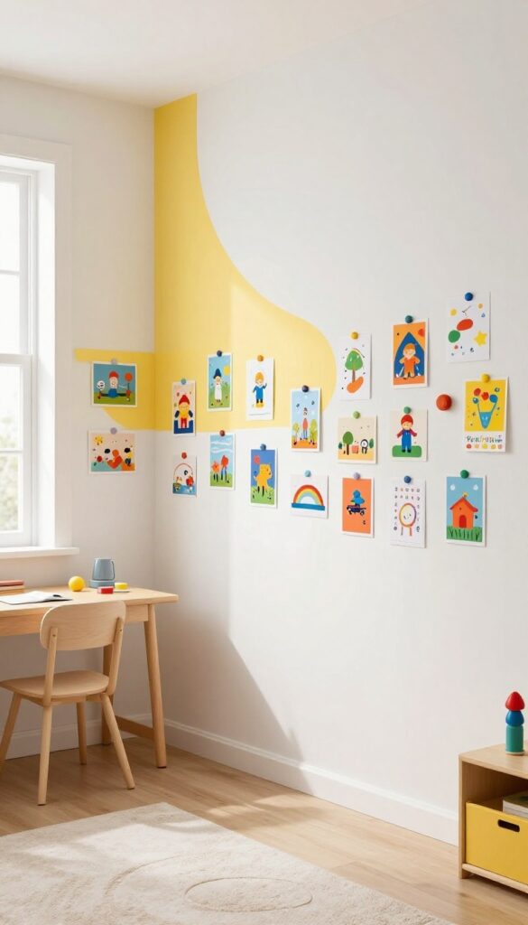 Magnetic wall strip displaying children's art in a bright kids' bedroom