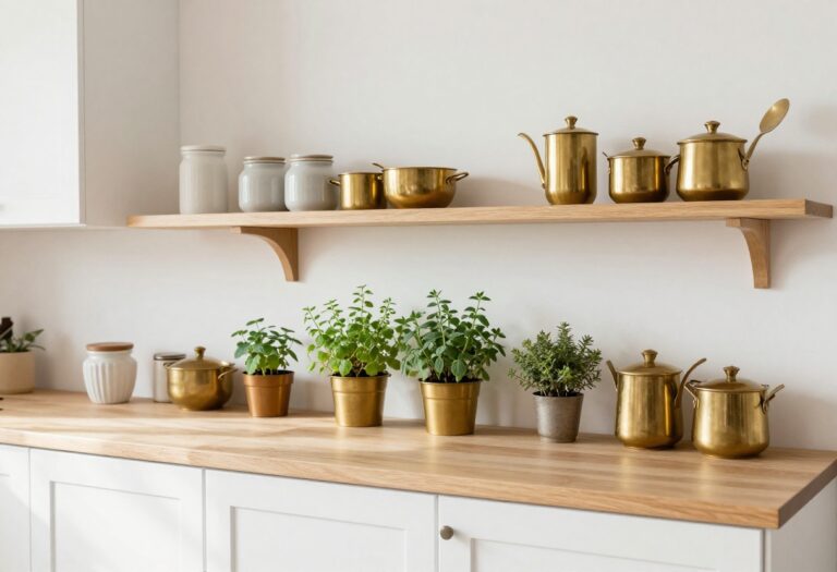 Small Indian kitchen with open shelving, brass accents, and herb garden