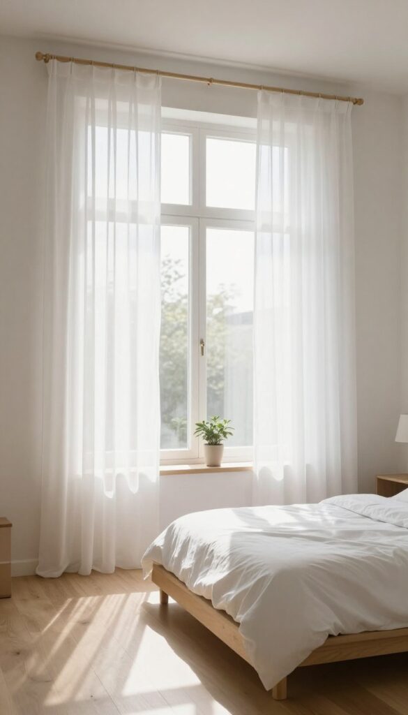 Minimalist bedroom with sheer curtains and bamboo blinds letting in natural light, potted plant on windowsill, clean and airy design.