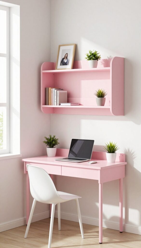 Wall-mounted pink desk with shelves in a bright, airy bedroom corner