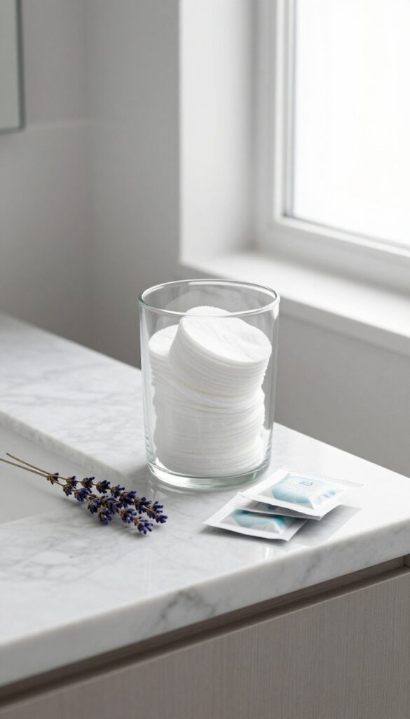 A clear glass canister filled with white cotton rounds and wrapped soaps on a marble bathroom counter, with a sprig of dried lavender beside it.