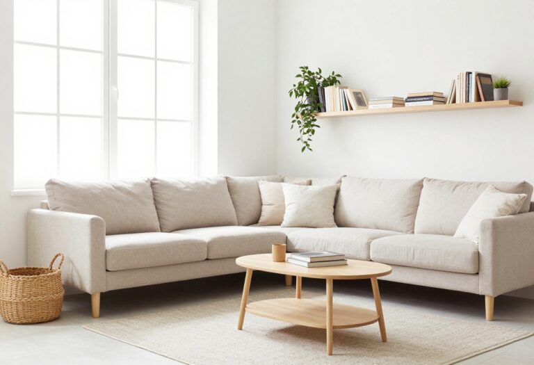 Small living room with floating shelves and storage solutions