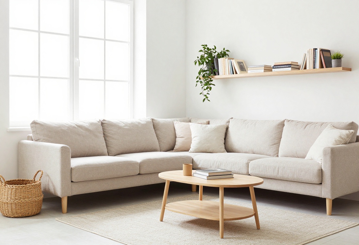 Small living room with floating shelves and storage solutions