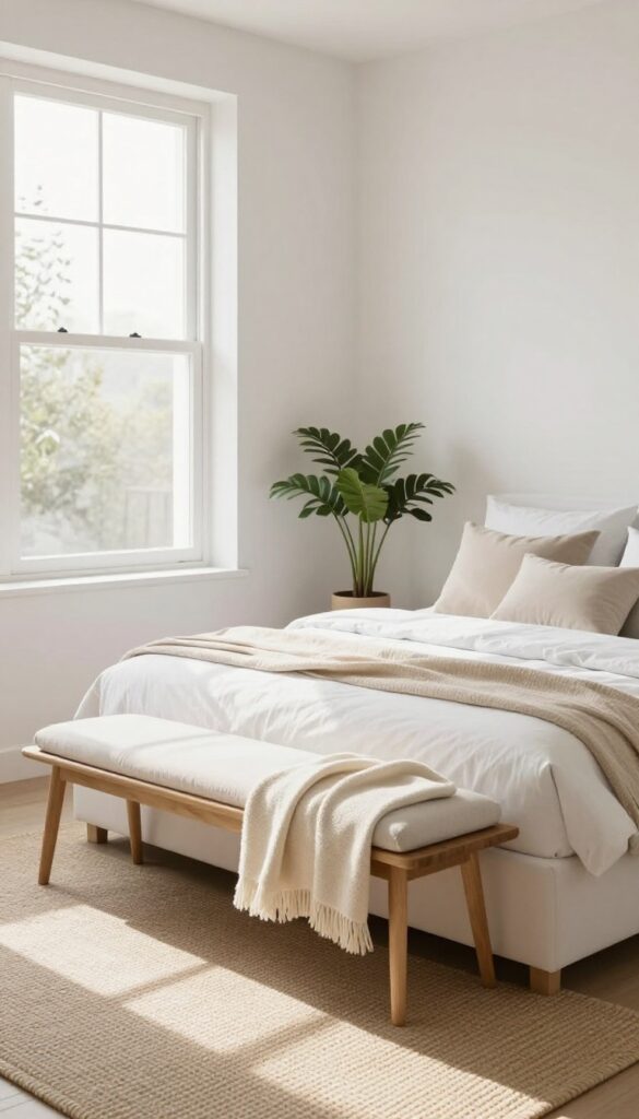 Small bedroom with a bench at the foot of the bed, styled with a throw blanket and pillows, natural light, minimal decor