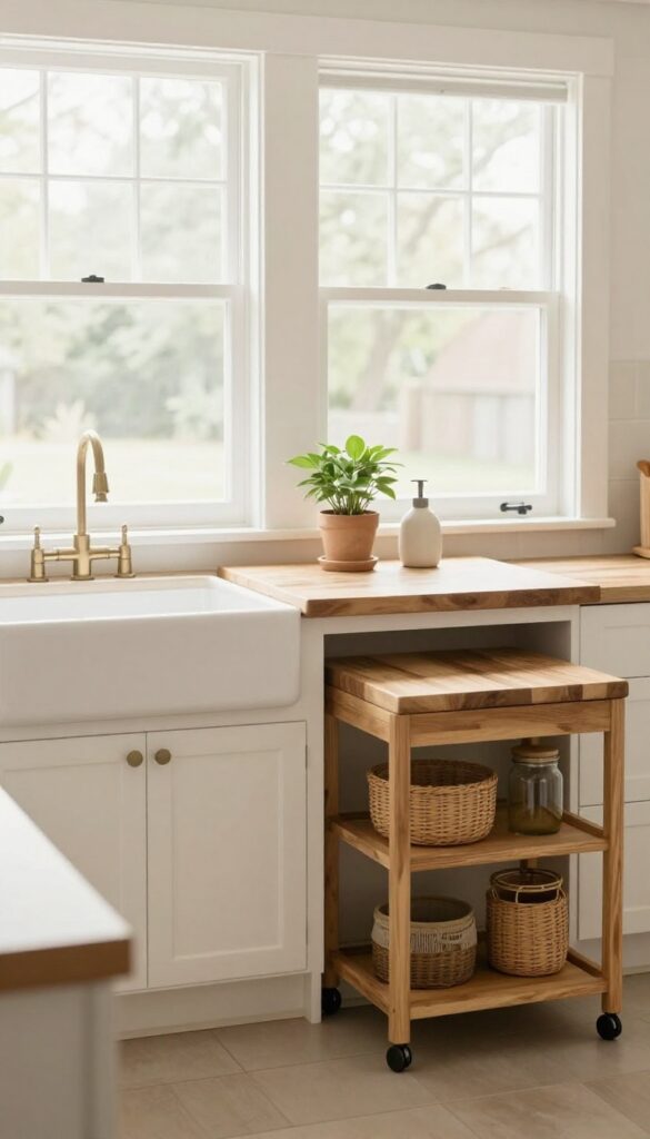 Slim rolling cart with wooden top and woven baskets next to a kitchen sink, providing extra storage in a small, bright kitchen.