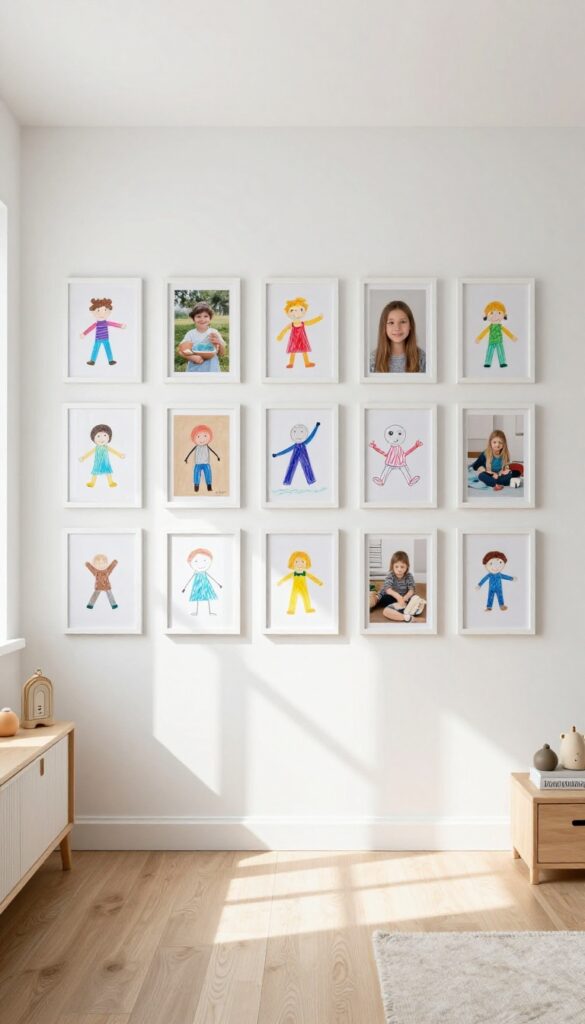 Gallery wall in shared kids' bedroom with uniform white frames displaying children's art and photos, creating a cohesive and personal display.