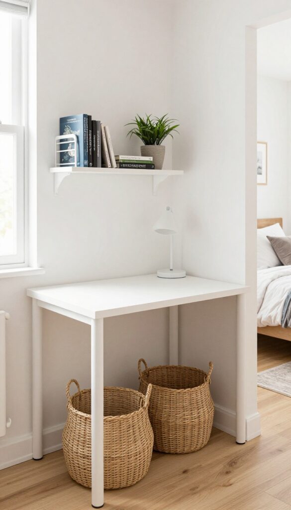 Small bedroom with wall-mounted desk and woven baskets underneath for storage