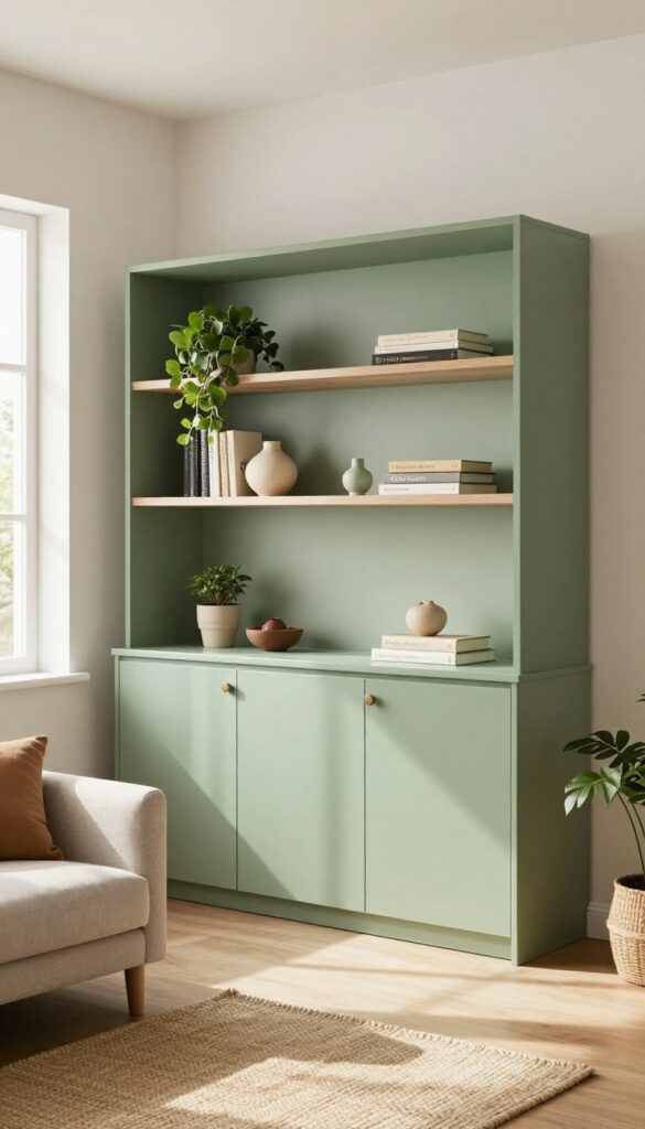 Living room with open shelving on top and closed storage below, displaying books and decor in natural light