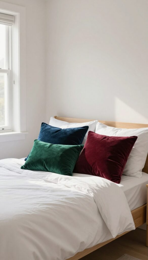 Small bedroom with white bedding and three velvet pillows in emerald, burgundy, and navy.