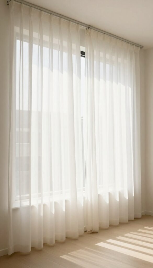 Sheer curtains hung high and wide in a small apartment living room, creating an open and airy feel with soft filtered sunlight.