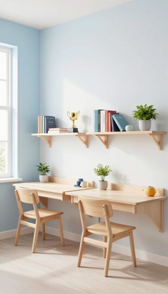 Two wall-mounted desks with floating shelves in a shared boys bedroom, each with a chair and personal items.