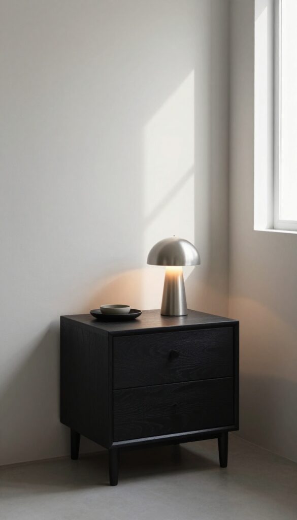 Minimalist nightstand with a bold sculptural lamp in a small bedroom