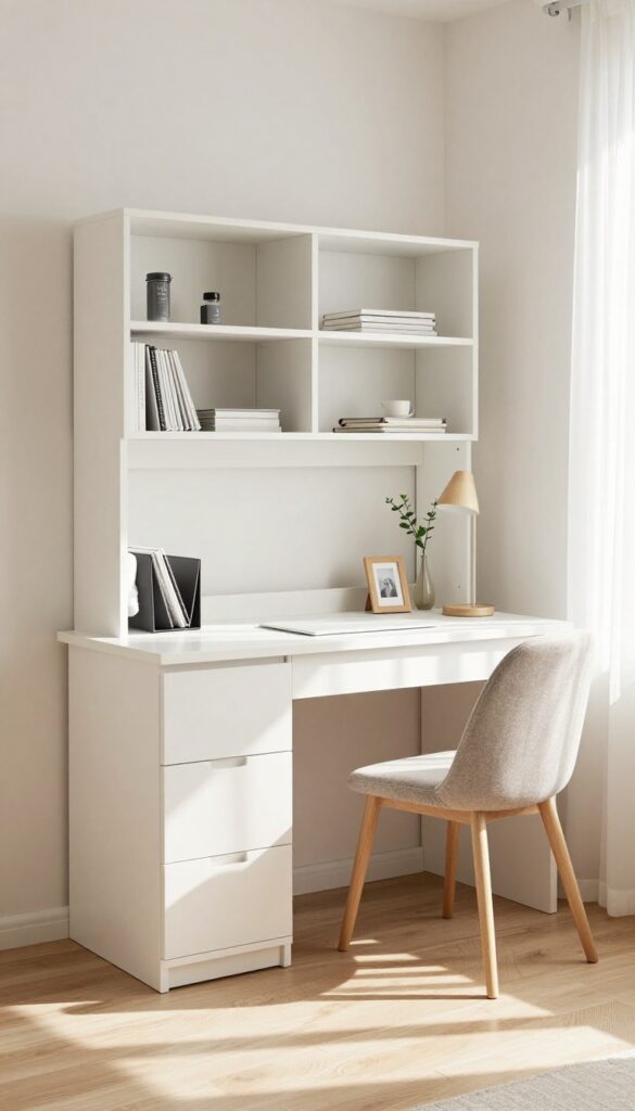 Minimalist white desk with hidden storage in a bright teen girl's bedroom