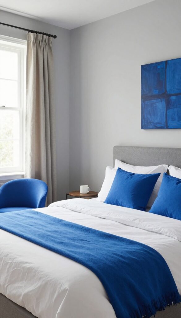 Bright blue and soft gray bedroom with natural textures and warm light