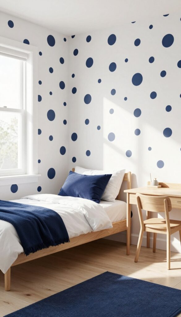 Kids bedroom with navy dot removable wallpaper accent wall behind bed, bright natural light