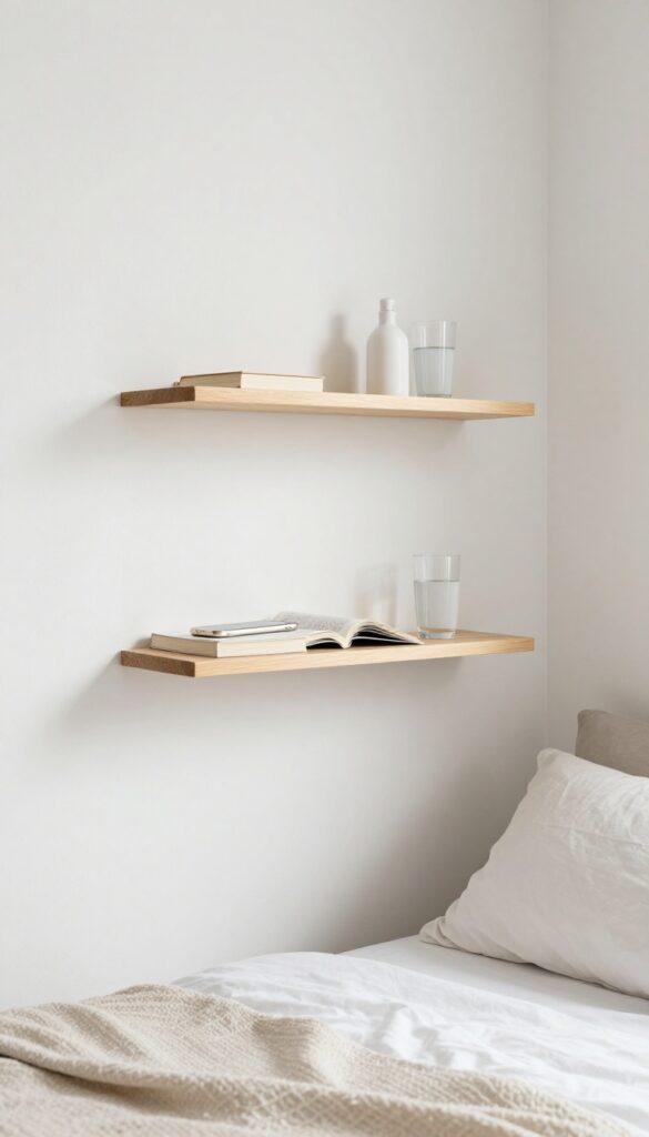 Floating shelf beside bed as nightstand alternative in small bedroom