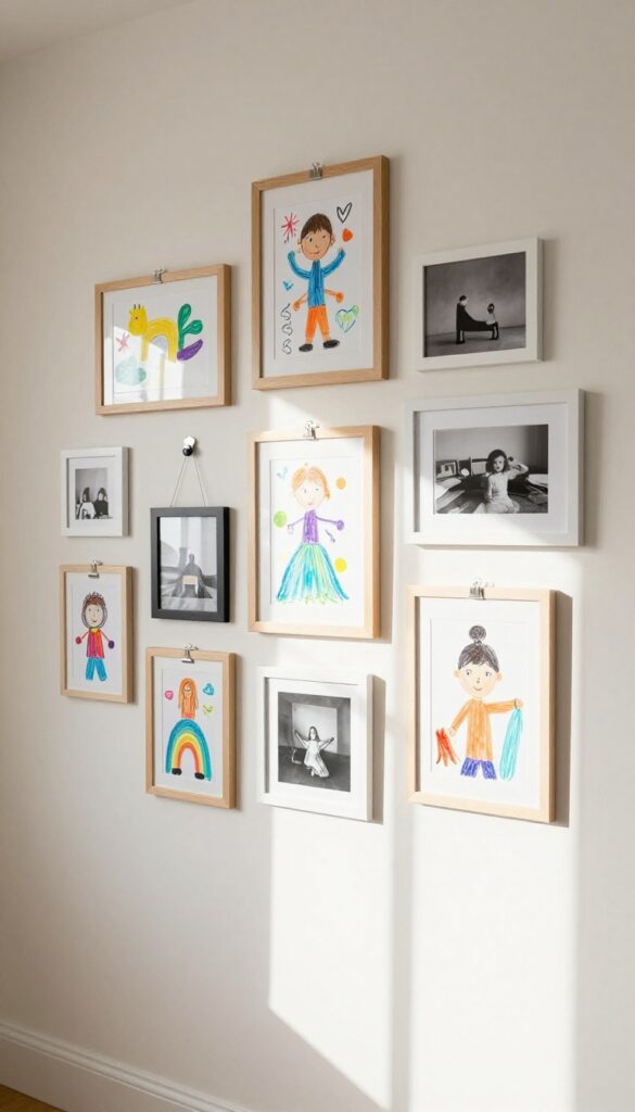 Shared gallery wall in a kids bedroom with framed children's art and photos in an asymmetrical arrangement, warm natural light, clean and lived-in look.