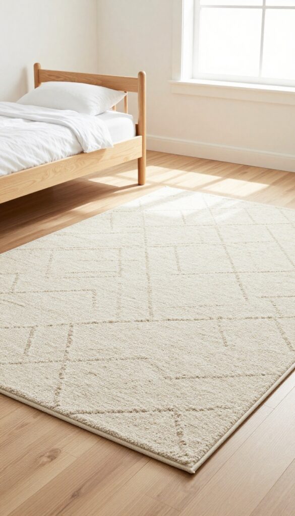 Modern kids bedroom with a textured neutral rug on hardwood floor, soft natural light, cozy and clean interior.