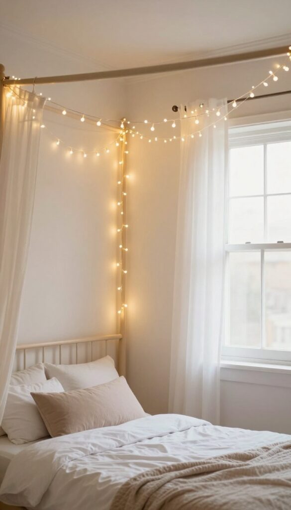 Girl's bedroom with canopy of warm white string lights draped across ceiling and bed frame, soft dreamy glow, neutral pastel decor, natural light.