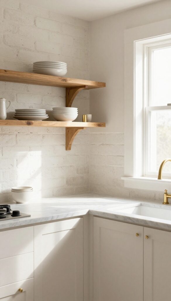 Painted brick backsplash in a farmhouse kitchen with natural light, open shelving, and brass accents