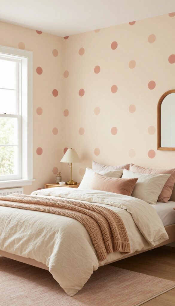 Girls bedroom with warm-toned polka dot wallpaper in dusty rose on pale peach, cozy bed with cream linens, blush rug, and vintage brass lamp.