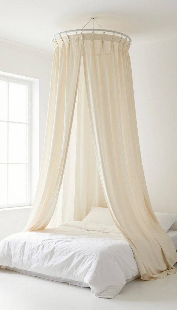 Small bedroom with a soft cream canopy over the bed, white bedding, and natural light.
