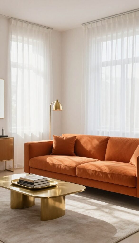 Orange sofa in a light living room with brass tray, gold-framed mirror, and brushed brass lamp.