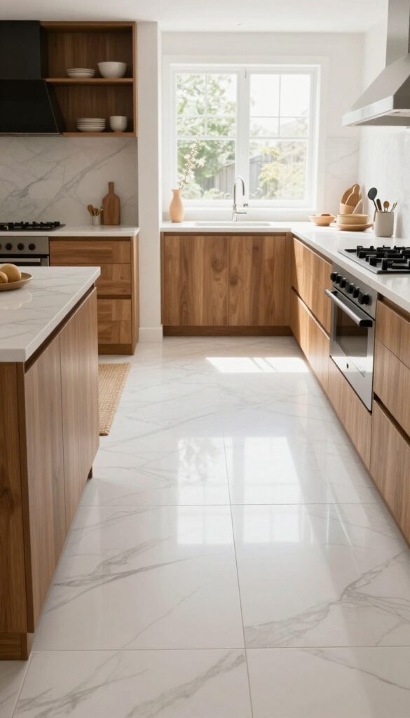 Large-format marble-look porcelain tiles in a bright kitchen with natural light, wood cabinets, and woven rug.