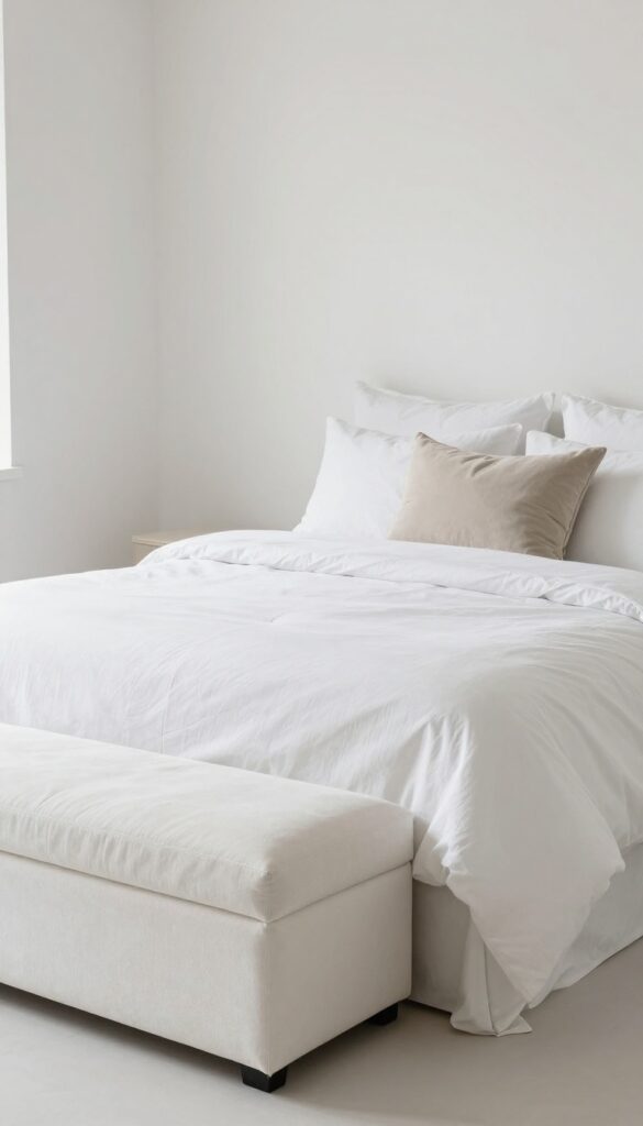 Minimal chic bedroom with white ottoman bench at foot of bed