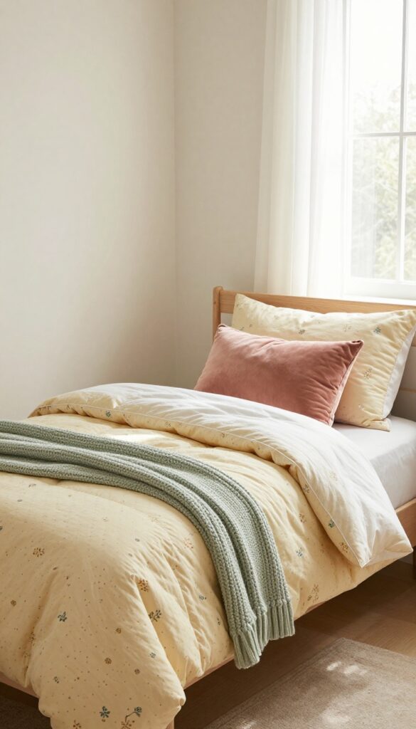 Child's bed with soft patterned bedding in warm hues, layered textures, and natural light, creating a cozy and calm bedroom atmosphere.