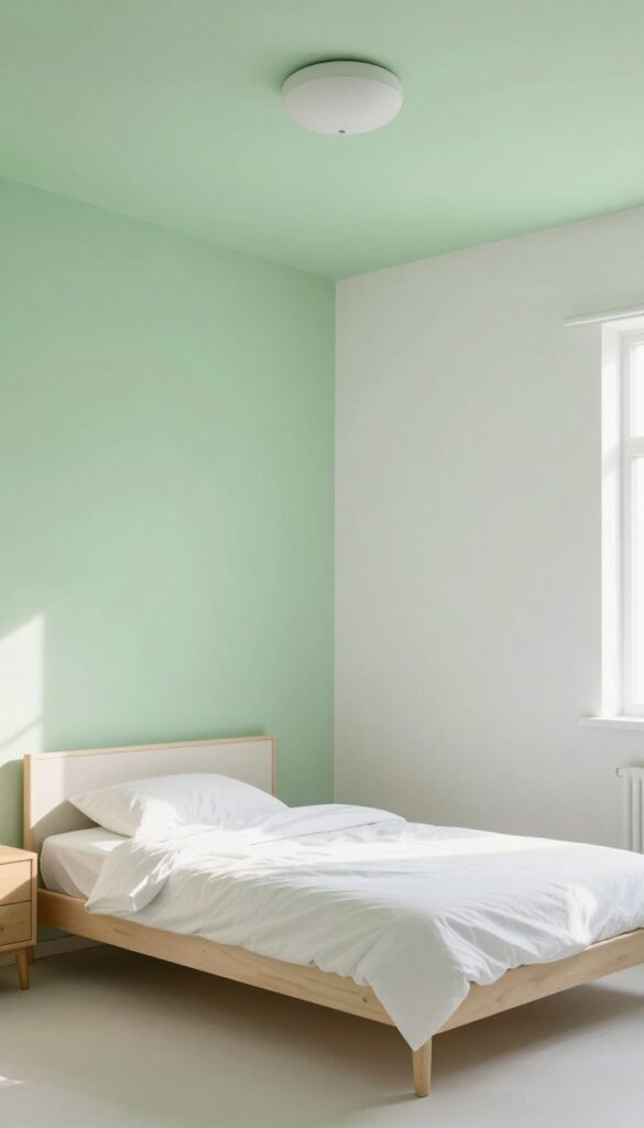 Bright bedroom with pale green ceiling, white walls, and light wood furniture
