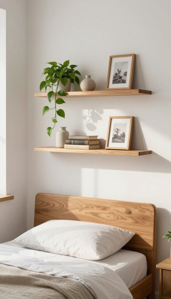 Small bedroom with floating wooden shelves above bed displaying plants, books, and decor in warm natural light
