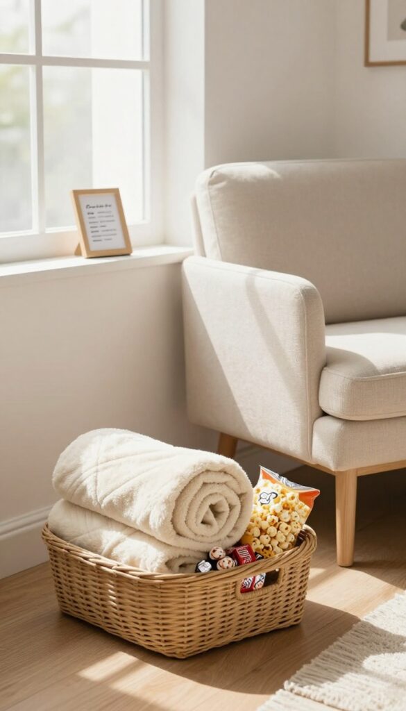 Movie night welcome basket with blanket, popcorn, and candy on nightstand in cozy guest room