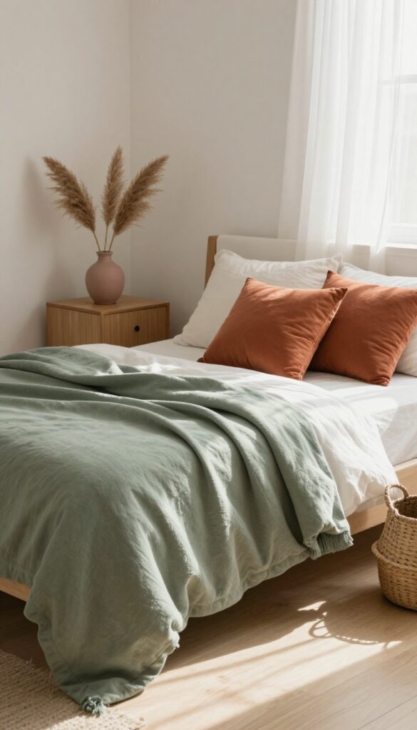 Boho girls bedroom with sage green throw and terracotta pillows on white bed, earthy accent colors, natural light