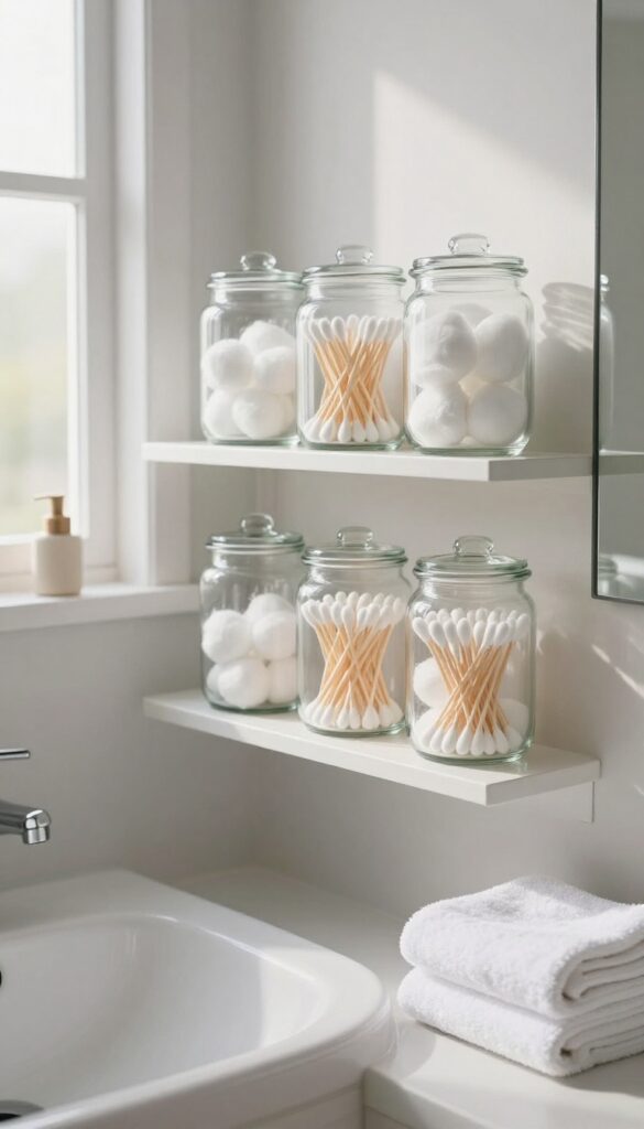 Clear stackable glass jars on a bathroom shelf filled with cotton swabs and cotton balls, with soft natural light.