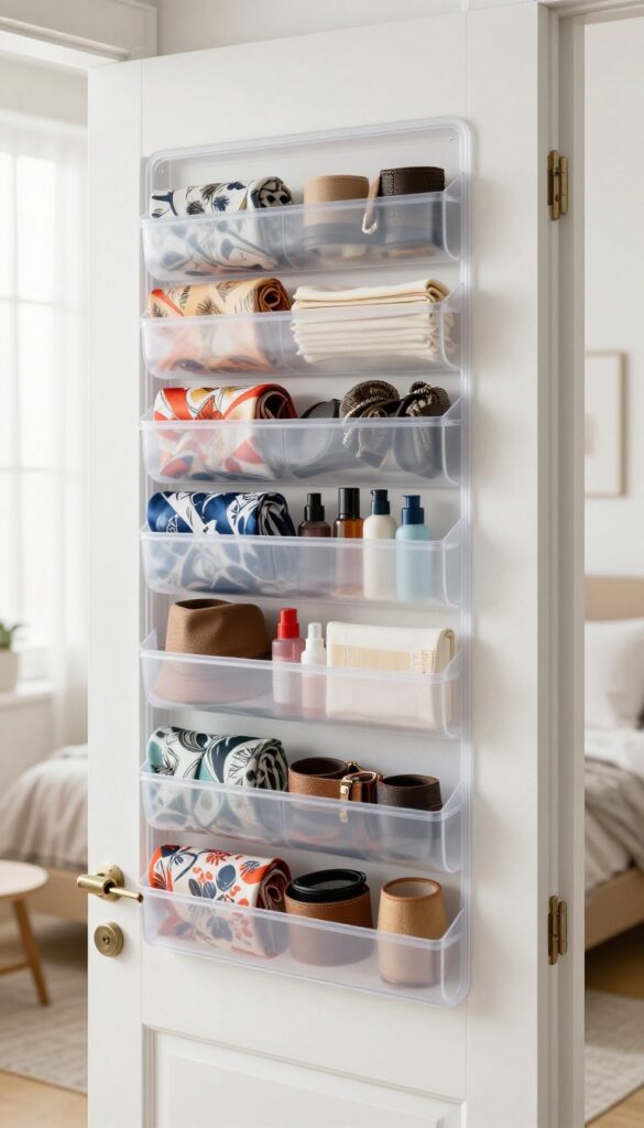 Over-the-door shoe organizer used for storing accessories and toiletries in a small bedroom