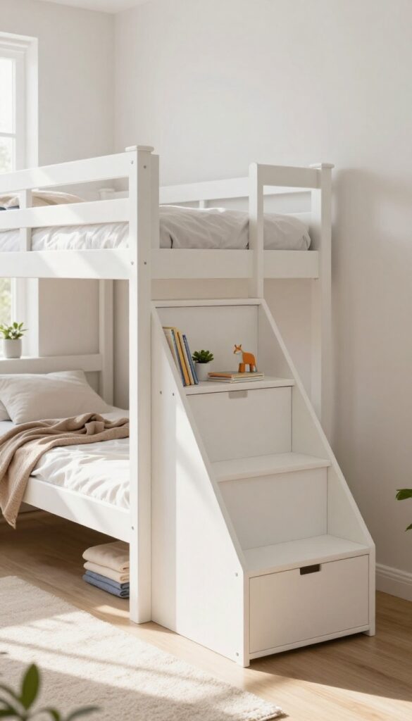 Bunk bed with built-in storage stairs in a bright, spacious children's bedroom