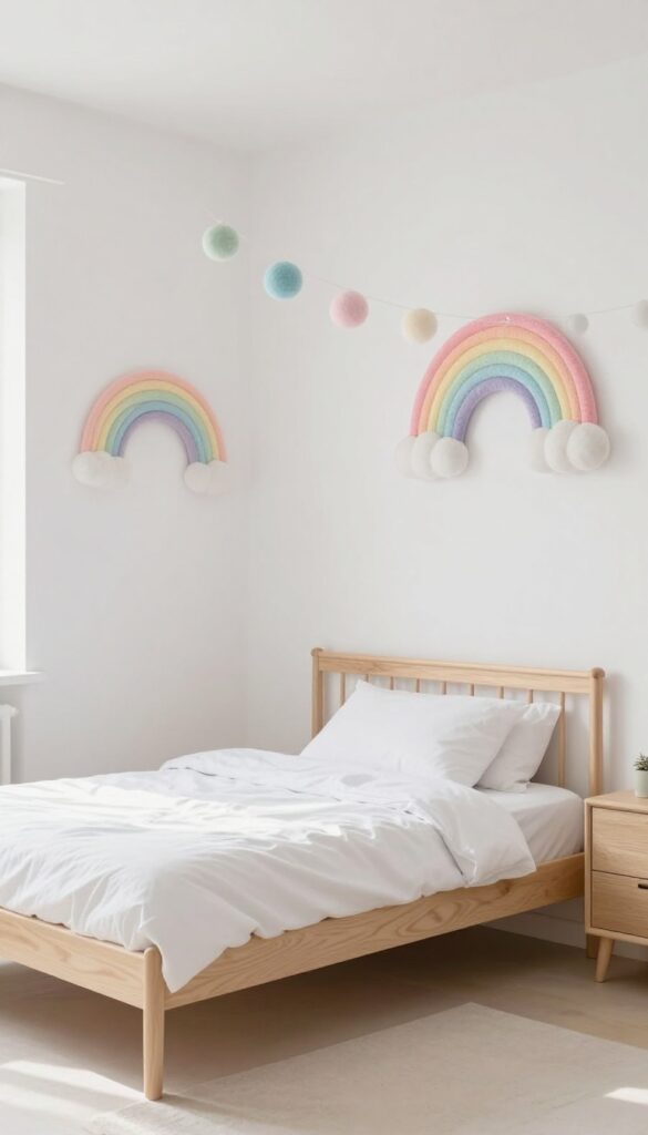 Pastel rainbow felt ball garland draped across ceiling in white girl's bedroom with light wood furniture